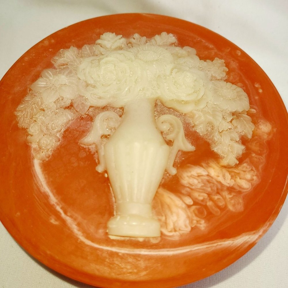 Large peach Incolay floral jewelry box, powder box